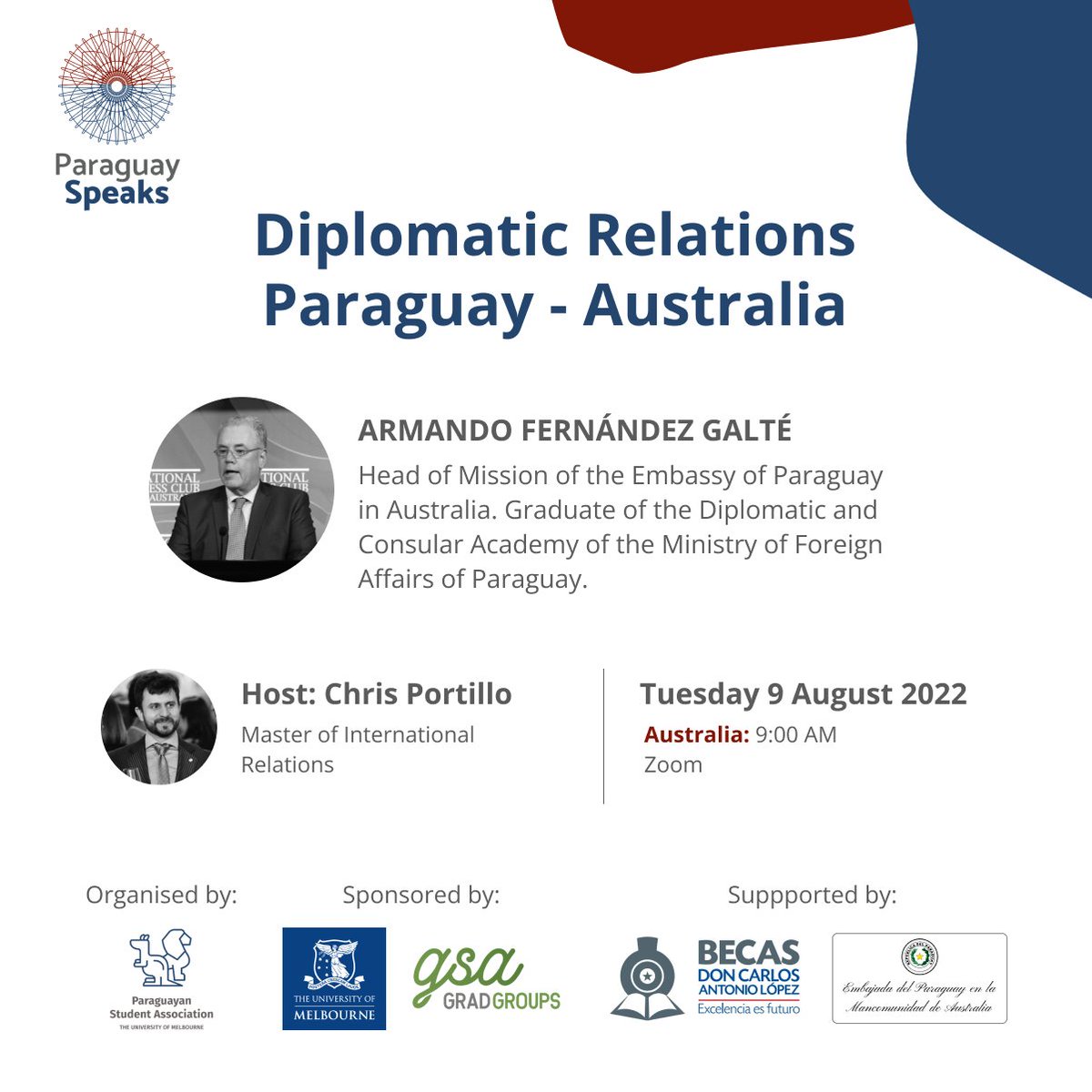 pyspeaks's tweet photo. We are happy to announce that the Embassy of Paraguay in the Commonwealth of Australia supports Paraguay Speaks 2022 and will be sharing details about the relationship between the two countries 🇦🇺🇵🇾 in one of the talks 🥳

Register here: https://t.co/0hdy5CPWQq https://t.co/QxxIrCpiHi