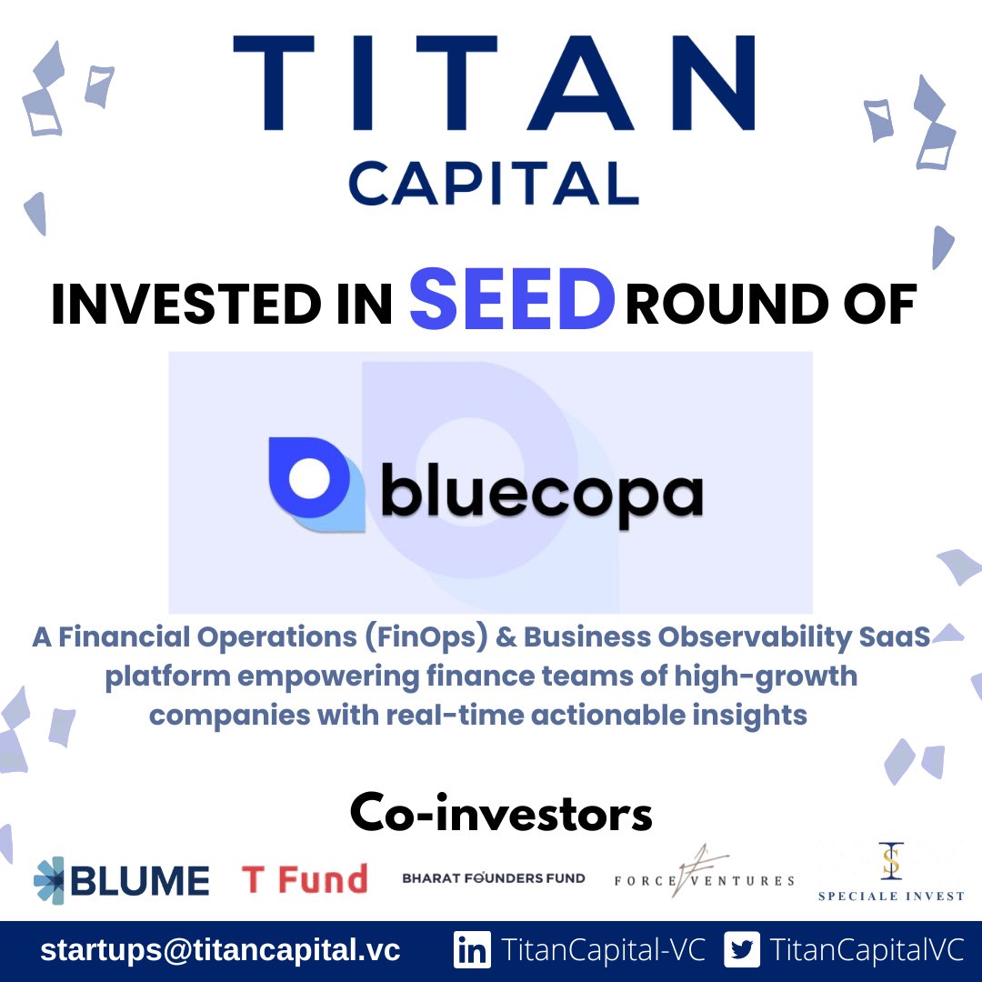 TitanCapitalVC's tweet photo. Excited to announce our new #investment in @bluecopahq in the #seed round! 

The company leverages its platform to help #finance teams of high volume companies with their key business decisions

Congratulations to @raghavareddi @neelc @satyaprakash007 and the entire team💯🚀

1/3 https://t.co/i0cjsPQXUq