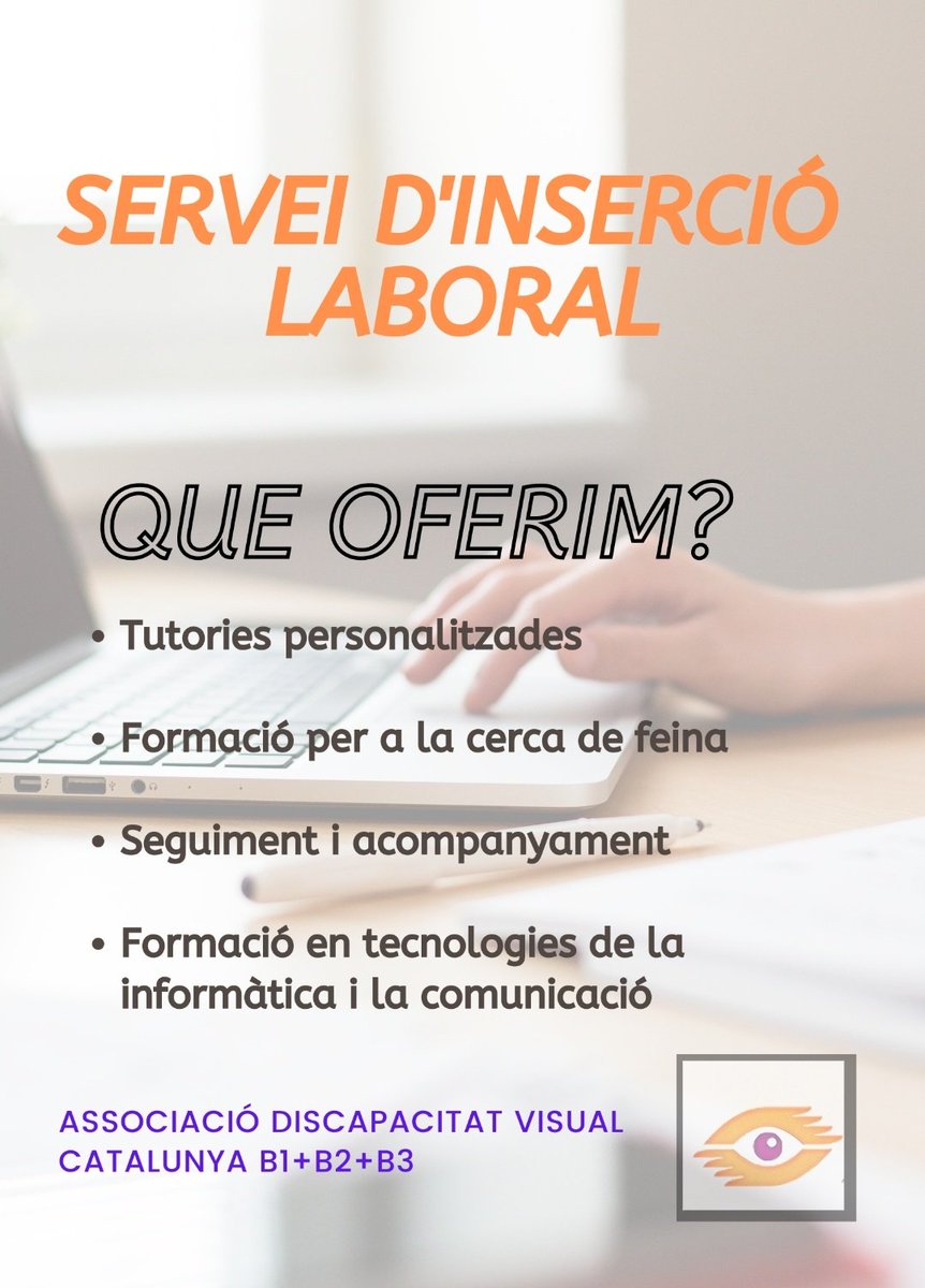 Associació Discapacitat Visual Catalunya B1+B2+B3 (@b1b2b3_) on Twitter photo A l'Assosició busquem vies d’integració laboral i lluitem per la inclusió i adaptació al lloc de treball. Formem a persones amb discapacitat visual per trobar feina mitjançant tutories personalitzades i formacions en tecnologies.
📞 934470404/ 605879797
📩 Info@b1b2b3.org A l'Assosició busquem vies d’integració laboral i lluitem per la inclusió i adaptació al lloc de treball. Formem a persones amb discapacitat visual per trobar feina mitjançant tutories personalitzades i formacions en tecnologies.
📞 934470404/ 605879797
📩 Info@b1b2b3.org