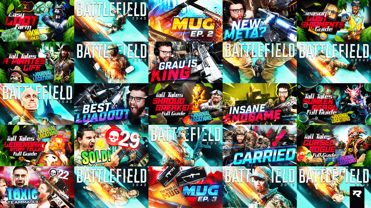 Some old client work. COD Warzone, Battlefield 2042 and Sea of Thieves youtube thumbnails.

If you're reading this, hope you have a great day💛