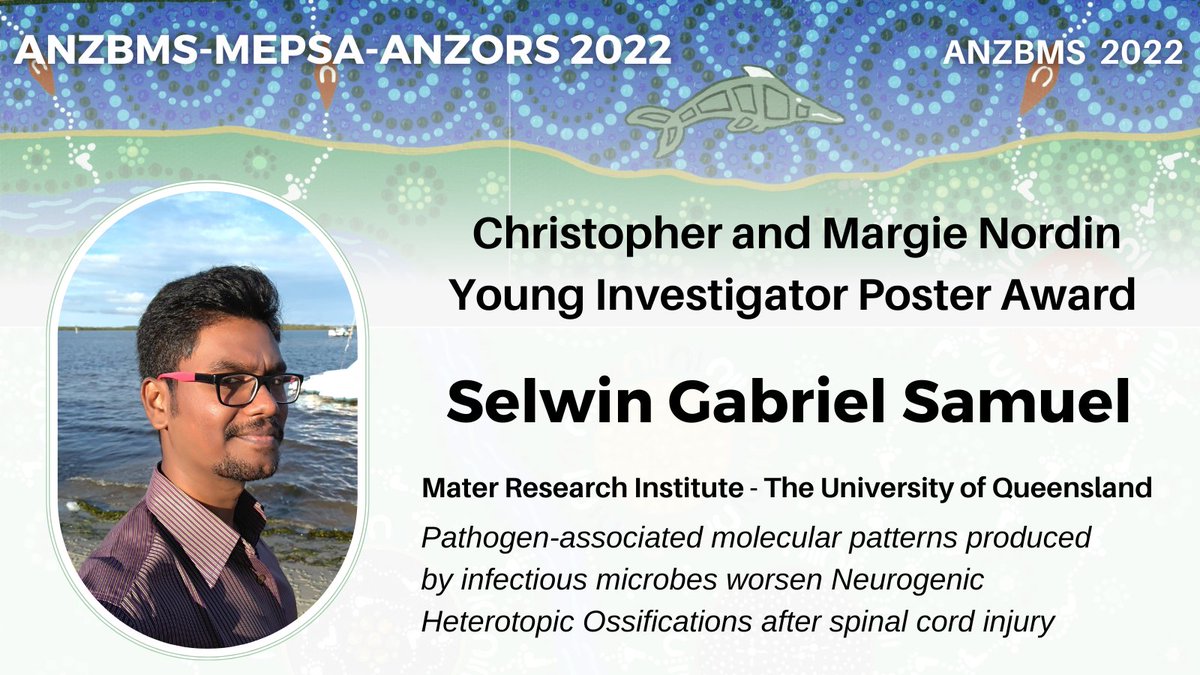 ANZBMSoc's tweet photo. The 2022 ANZBMS Christopher and Margie Nordin Young Investigator Award goes to Selwin Gabriel Samuel with "Pathogen-associated molecular patterns produced by infectious microbes worsen Neurogenic Heterotopic Ossifications after spinal cord injury" (3 of 13) https://t.co/RpRsrddmQq