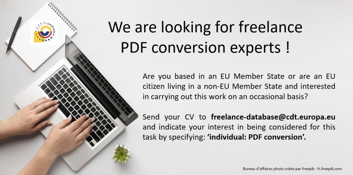 EU_CdT's tweet image. We are seeking external individual providers with sound experience in PDF file conversion into Microsoft Word format for translation purposes. Interested? Send your CV to freelance-database@cdt.europa.eu.
#convertpdftoword #pdf #pdftoword #freelance #eujobs