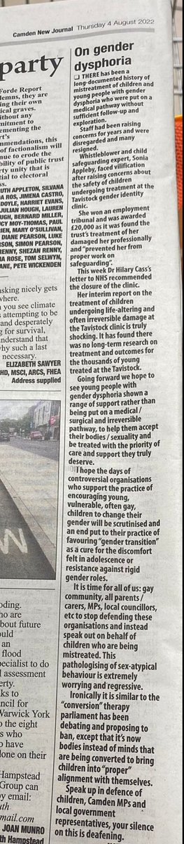 WomenOfCamden's tweet photo. Great letter in @NewJournal regarding the shocking mistreatment and harm caused to the many 1000s of children treated at the (soon to be shut) Tavistock gender identity clinic.
Our local #Camden MPs and councillors remain silent on this scandal. https://t.co/MaHEumqGjg