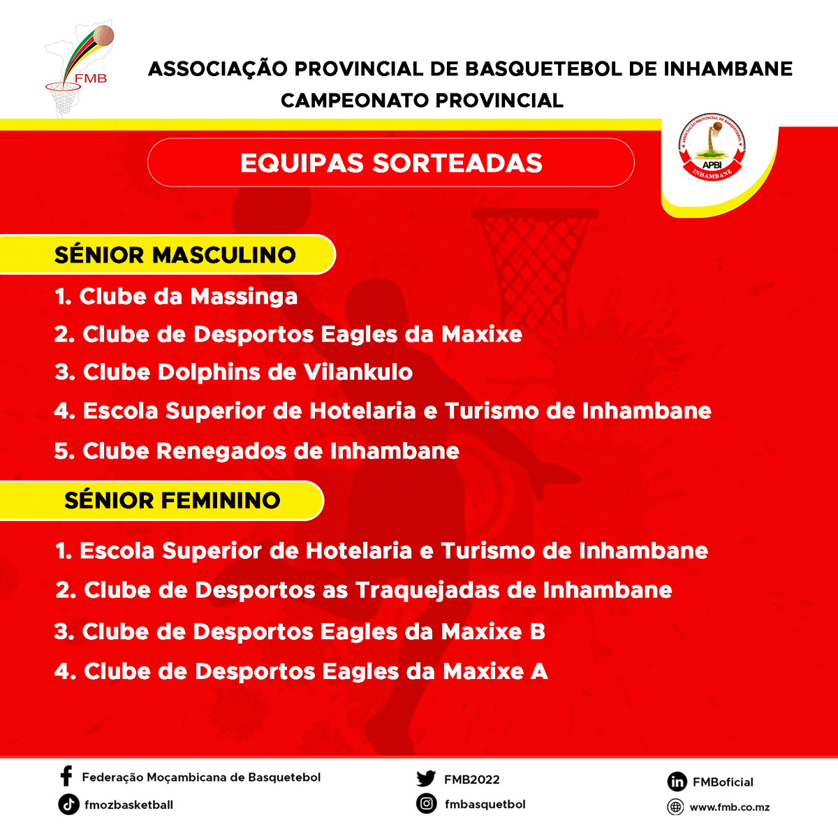 Fmb2022's tweet photo. Equipes sorteadas para o campeonato provincial em Inhambane, a decorrer no corrente mês.

#Inhambane
#Basquetebol
#Mocambique
#FMB
#Maisemelhorbasquetebol https://t.co/IZUgJRewhr