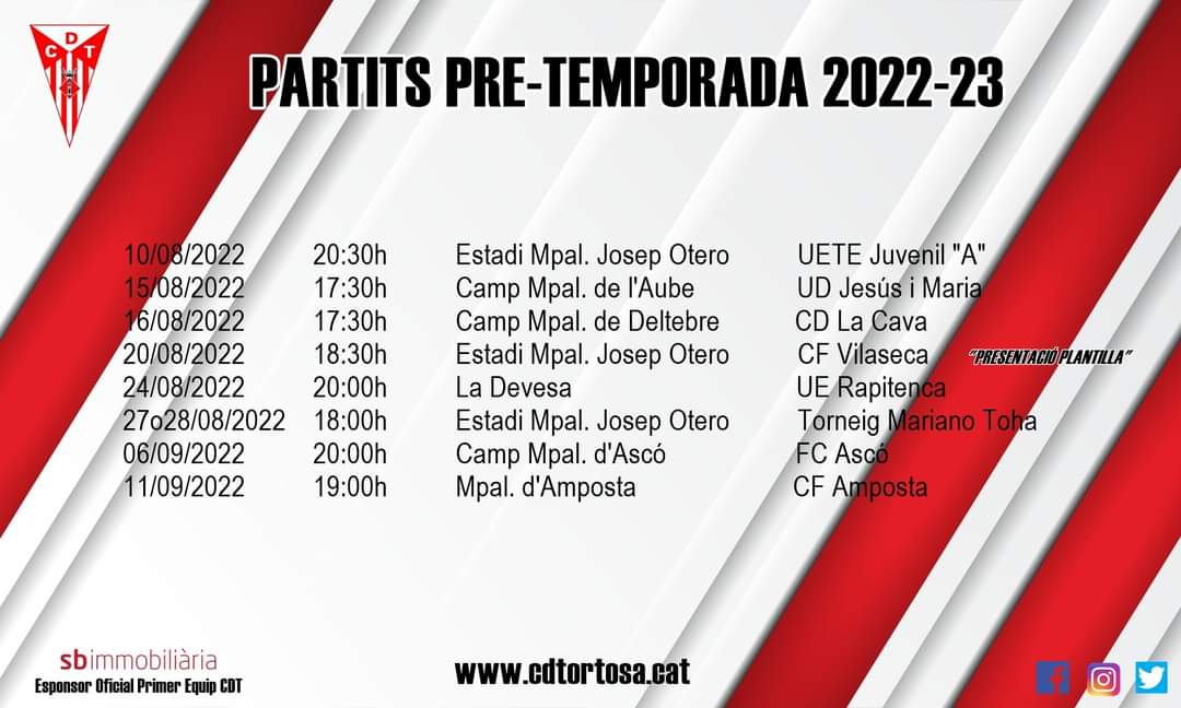 cdtortosa's tweet photo. Aquests són els partits que disputarà el Primer Equip durant la PreTemporada, on ahir ja van donar inici els entrenaments sota les ordres de Jordi Fabregat i el seu Staff Tècnic.
SB Immobiliària Esponsor Oficial 1r Equip CDT 🔴⚪
#PreTemporada #2cat8 #FutbolCat #GolCat #Tortosa https://t.co/JrgPu2ZUWa