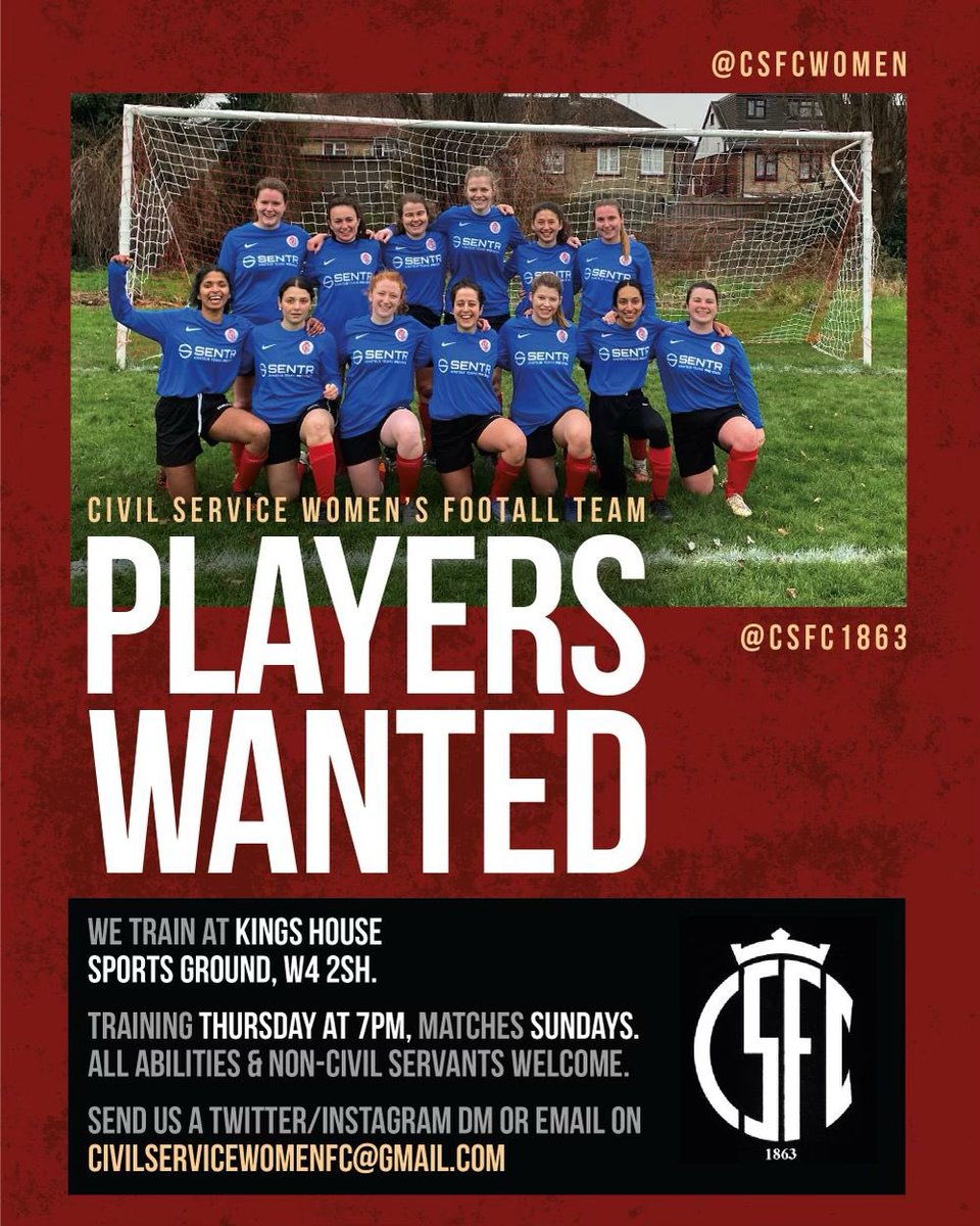 We’re looking for new players to join our lovely team! 🔴⚫️

We train at <a href="/KHSSportsGround/">King's House School Sports Ground</a> every Thursday at 7pm and matches take place on Sundays. 

Come on &amp; get involved!