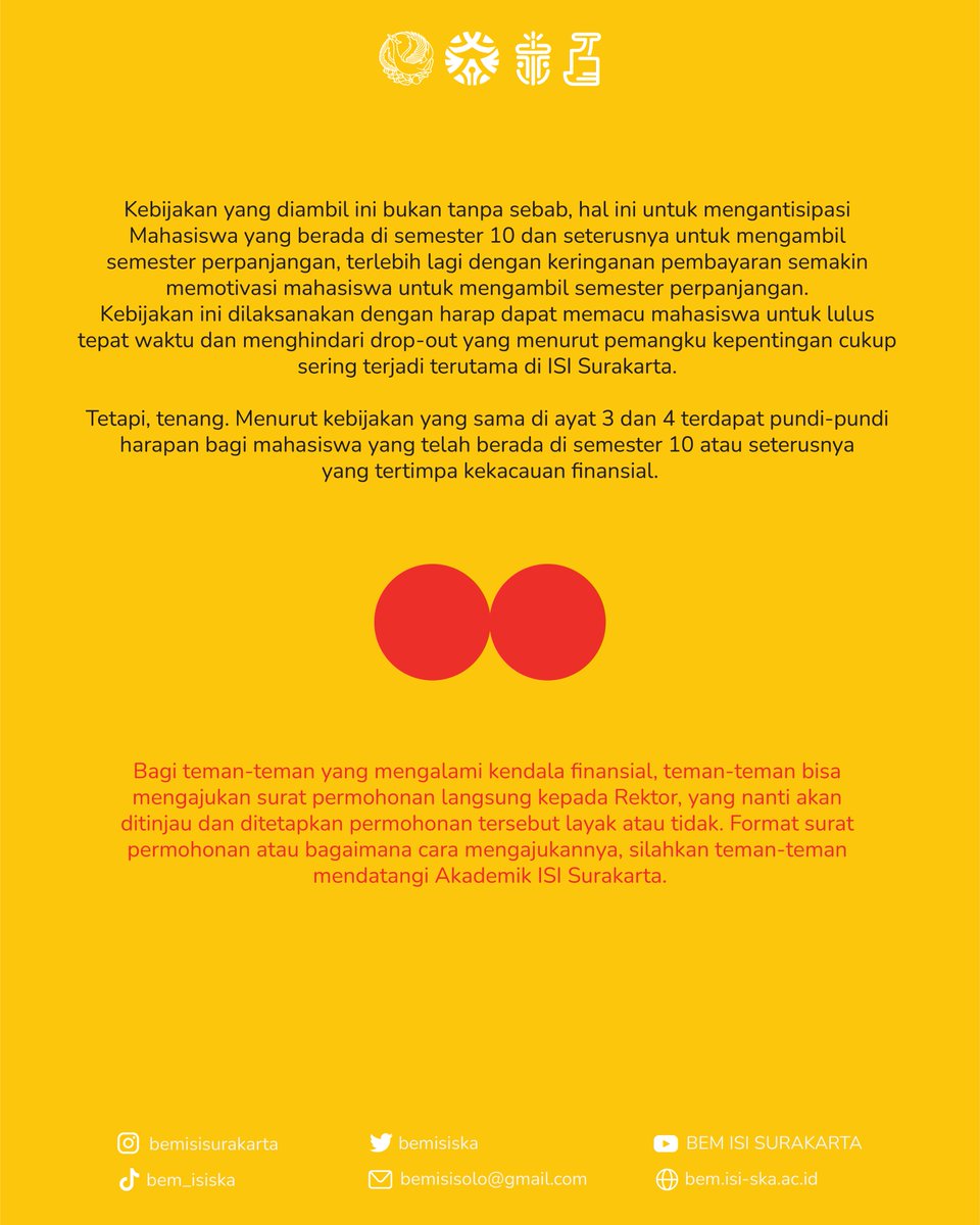bemisiska's tweet photo. Bagi teman" yang mengalami kendala finansial, bisa mengajukan surat permohonan langsung kepada Rektor, yang nanti akan ditinjau dan ditetapkan permohonan tersebut layak atau tidak. Format surat permohonan atau bagaimana cara mengajukannya, silahkan teman" mendatangi Akademik ISI. https://t.co/uiMTqV87mX