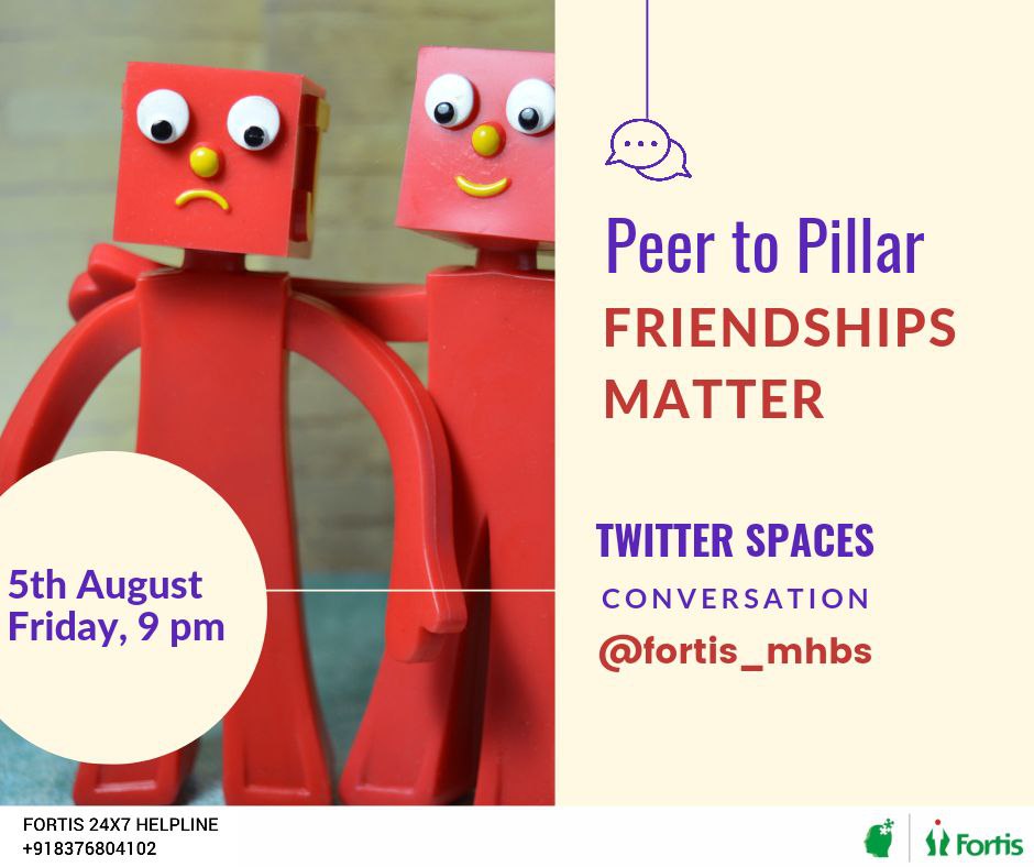 #Friday 9PM #TwitterSpaces conversation on "Peer to Pillar - Friendships Matter"
   
#FriendshipDay
#MindSpace