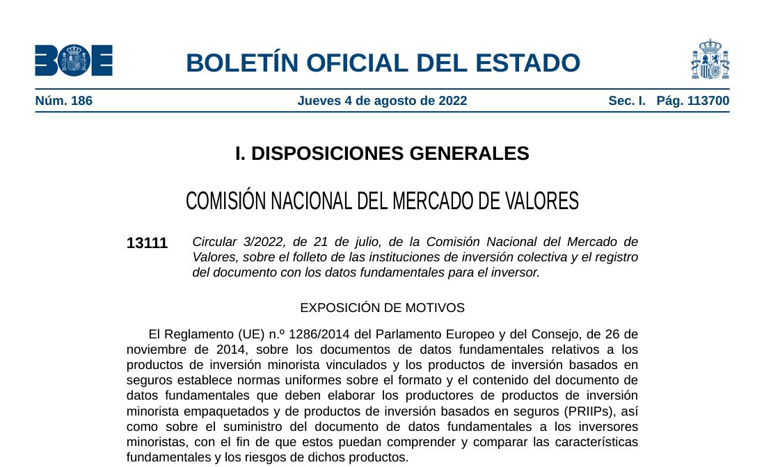 CNMV_MEDIOS's tweet photo. En el Boletín Oficial del Estado se publica hoy la Circular 3/2022 sobre el folleto de las Instituciones de Inversión Colectiva (IIC) y el registro del documento con los datos fundamentales para el inversor.

ℹ️ https://t.co/eWQx16RDx7 https://t.co/sDYOgK8ZQ1