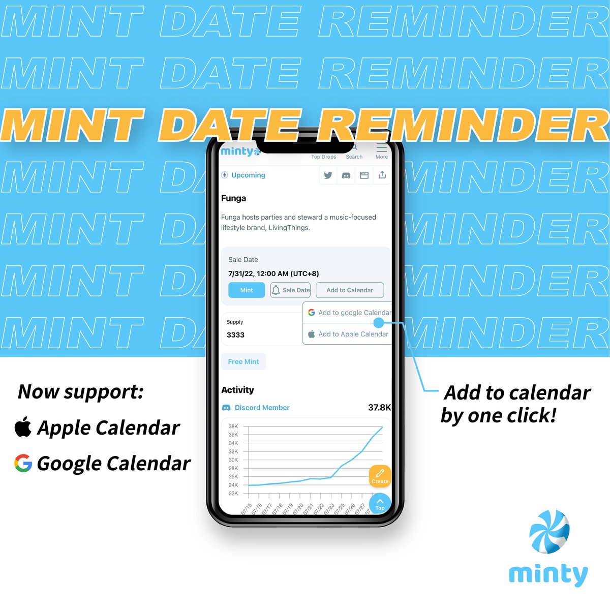 📢Feature Update!!!🥳
Introducing…𝙈𝙞𝙣𝙩 𝘿𝙖𝙩𝙚 𝙍𝙚𝙢𝙞𝙣𝙙𝙚𝙧🔔
Add your fav projects' mint date to your calendar and never miss a mint!!!🙌
Check out the new feature NOW!👉 mintyscore.com

#NFTs #NFTcommunity #NFTscoring #NFTranking
