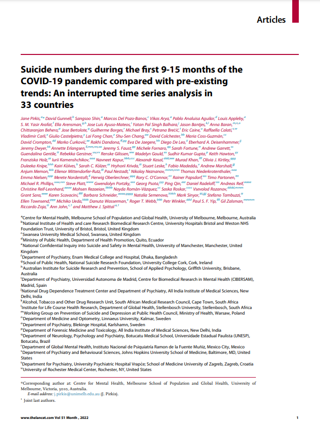 NSRFIreland's tweet photo. *New publication*

Prof Arensman is a co-author on a paper in @eClinicalMed led by Prof Jane Pirkis!

No evidence of greater-than-expected numbers of suicides in the majority of countries; more commonly, there was evidence of lower-than-expected numbers: https://t.co/aEjvCwBtNG https://t.co/CCGSTmSbWK