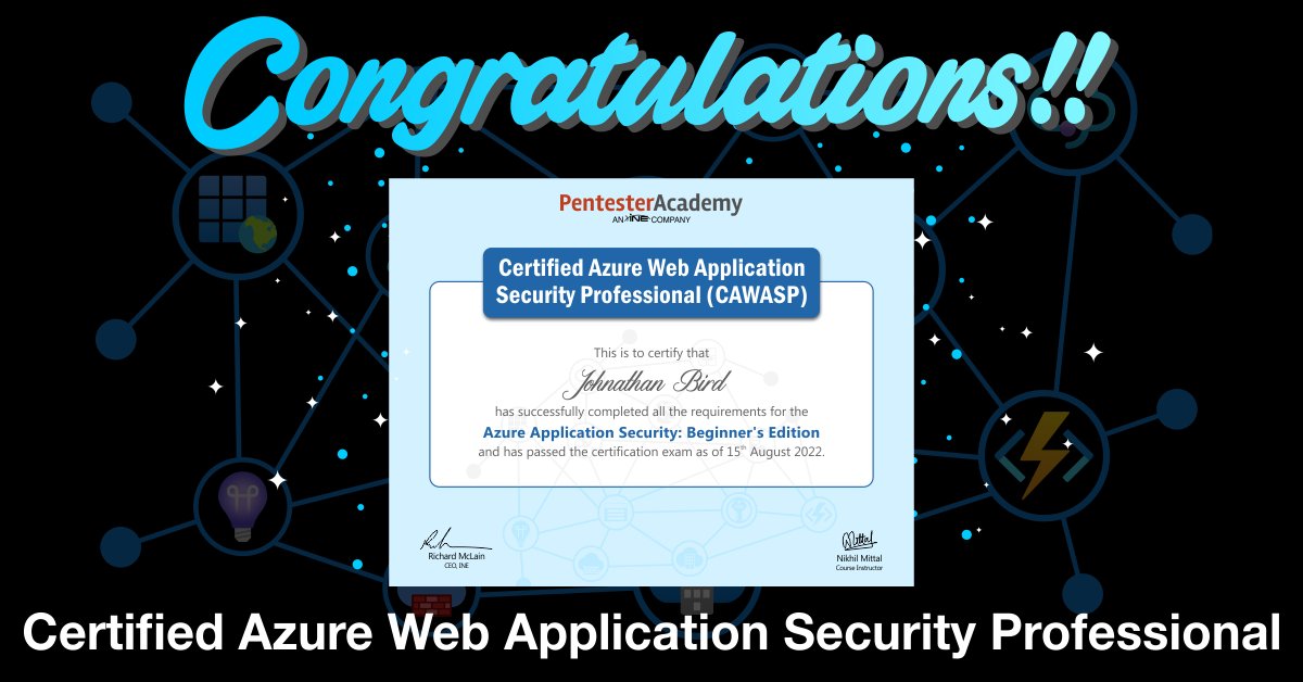SecurityTube's tweet photo. Congratulations to @digitalohm for clearing our Certified Azure Web Application Security Professional Exam! #Azure #AppSec #CAWASP #PentesterAcademy cc @nikhil_mitt https://t.co/F6mz2nDibx https://t.co/zMvFtNIyga