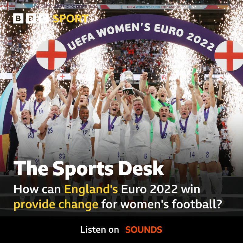BBCSport's tweet photo. How can the @Lionesses' #WEuro2022 victory provide real change for the women's game?

Former England captain @faye_white and commentator @vksparks discuss how the momentum can be harnessed.

🎧 Listen to the #BBCSportsDesk podcast 👇