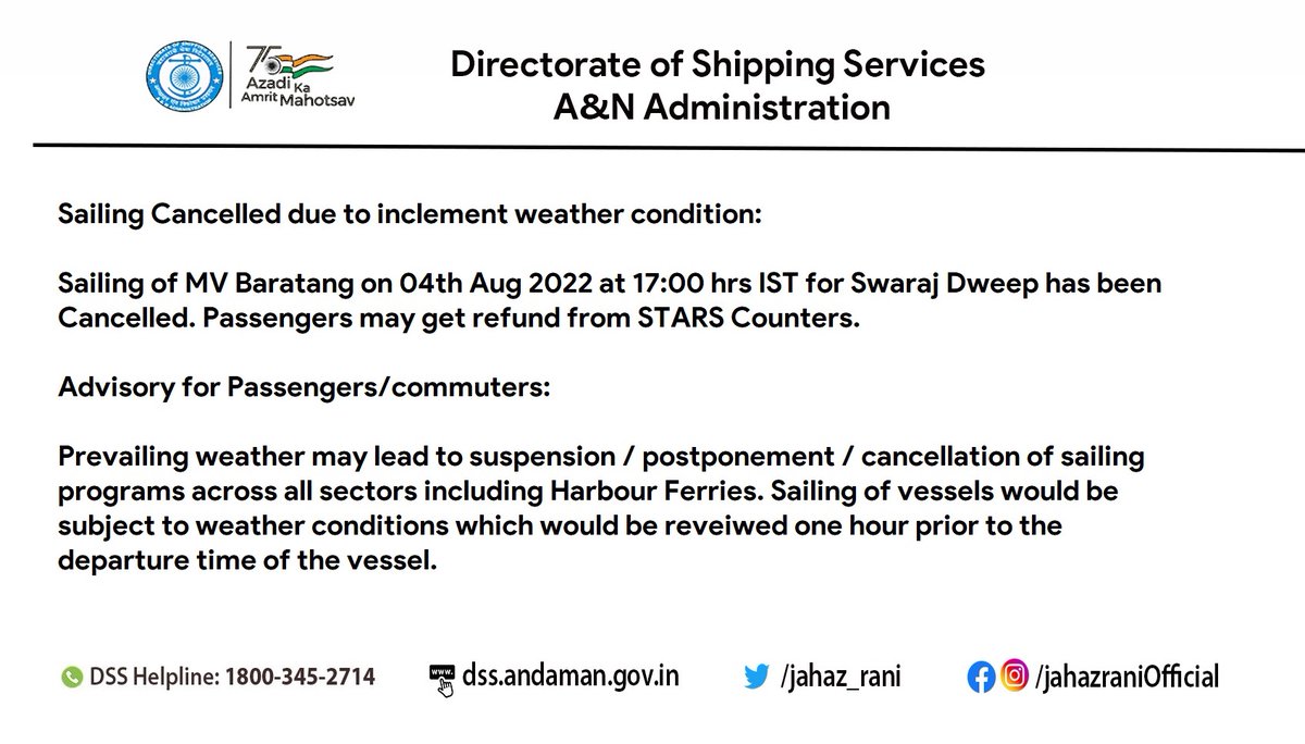 jahaz_rani's tweet photo. 📢Sailing Cancelled and Advisory for Passengers/Commuters on inclement weather conditions:
☔️⛈️🌀🚢
#jahazrani #sailingupdate #dssandaman #andamans https://t.co/cyI2rdaEpU