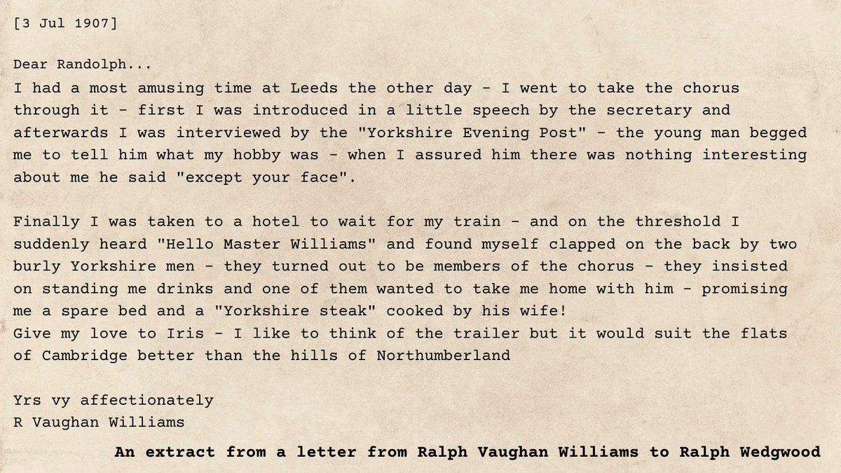 A wonderful letter from Ralph Vaughan Williams to his friend and cousin Ralph Wedgewood about a trip to #Leeds during which he was interviewed by a reporter from the @yorkshirepost. #RVW150