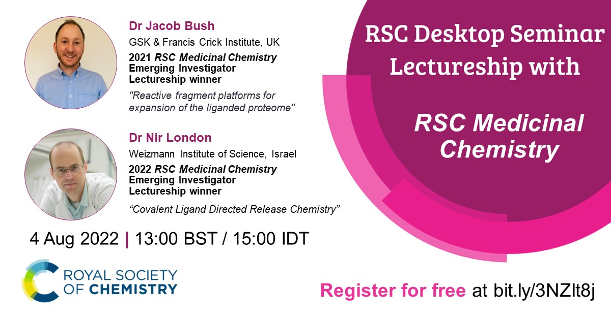 RSC Medicinal Chemistry (@rsc_medchem) on Twitter photo Our #RSCDesktopSeminar Lectureship is TODAY! 🎉
Register now to see talks by our Lectureship winners, Dr Jacob Bush (<a href="/Jake_T_Bush/">Jacob Bush</a>) and Dr Nir London (<a href="/london_lab/">London Lab</a>) at 1 PM BST ➡
rsc.zoom.us/webinar/regist… Our #RSCDesktopSeminar Lectureship is TODAY! 🎉
Register now to see talks by our Lectureship winners, Dr Jacob Bush (<a href="/Jake_T_Bush/">Jacob Bush</a>) and Dr Nir London (<a href="/london_lab/">London Lab</a>) at 1 PM BST ➡
rsc.zoom.us/webinar/regist…