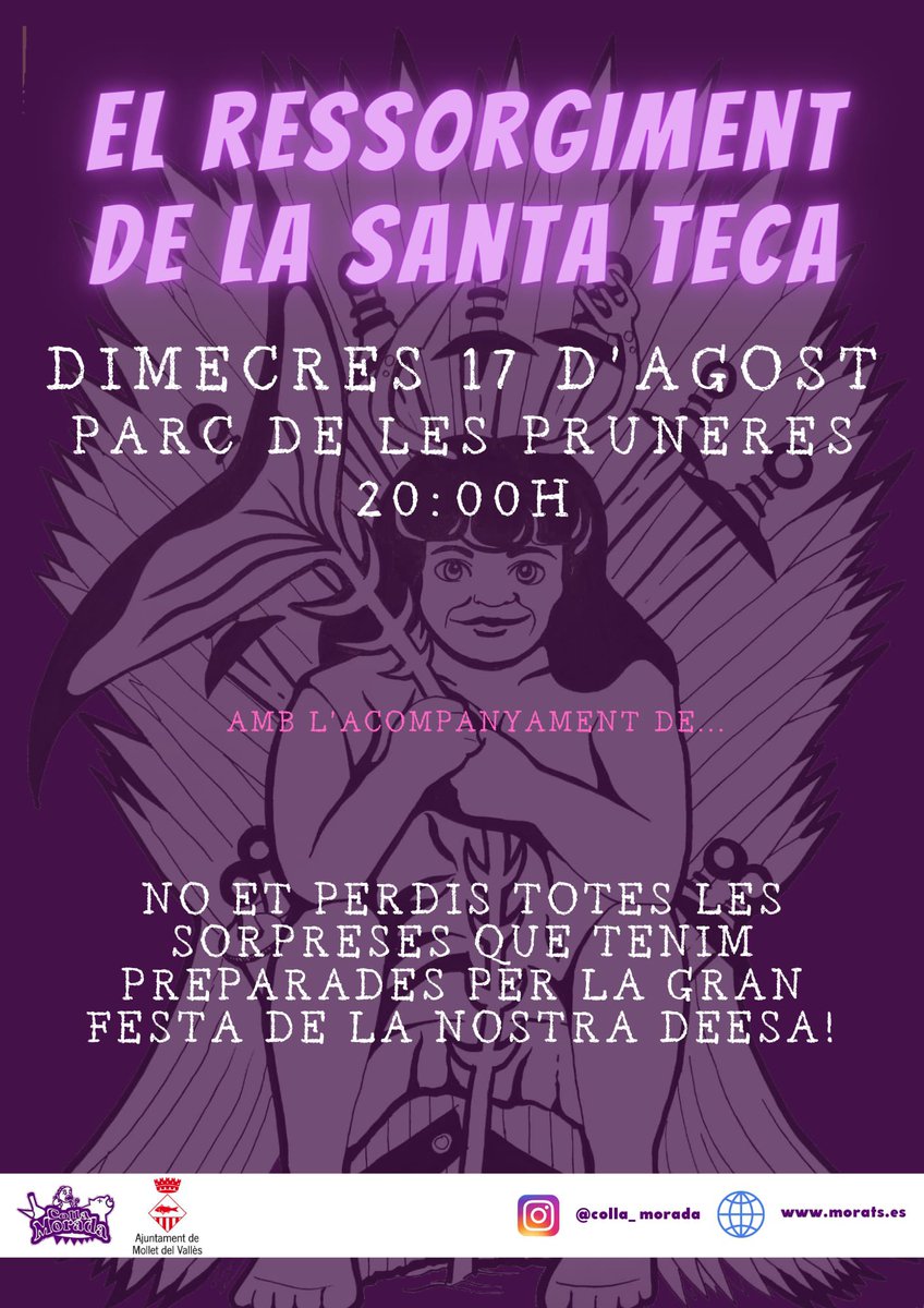 CollaMorada's tweet photo. Després de dos anys de pandèmia tornem a prendre els carrers! I per celebrar la festa morada com cal no hi pot faltar la nostra deesa Santa Teca!
Porta el teu fuet i vine a invocar a la patrona morada del menjar per a gaudir d'una bona festa major!
#FmMorada #CollaMorada #Mollet https://t.co/4o6rLPnpUn