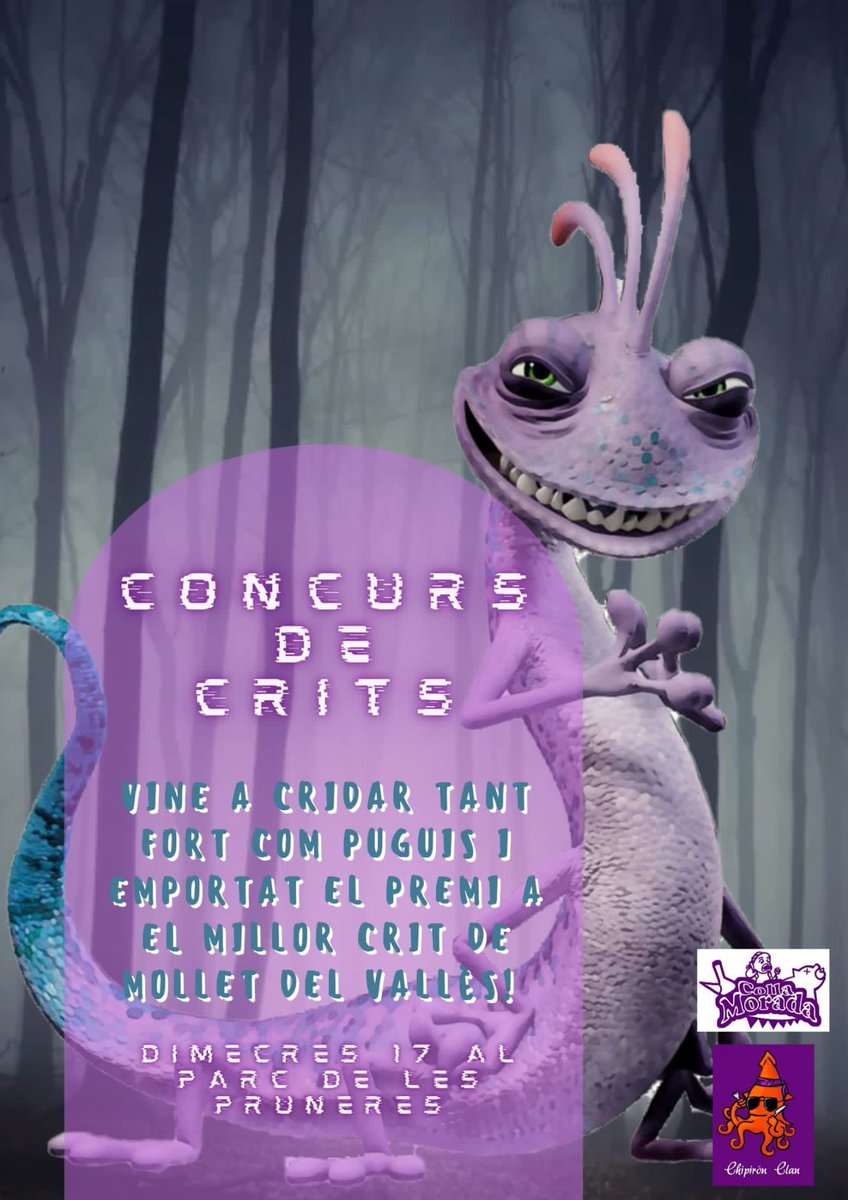 CollaMorada's tweet photo. Ets la persona que més crida de Mollet?
Penses que ets un veritable monstre?
Guanyaries al mateix Randall?
Vine a demostrar-ho al parc de les Pruneres, dimecres 17 a les 21:30.
#FmMorada #CollaMorada https://t.co/zhJg4LFqhJ