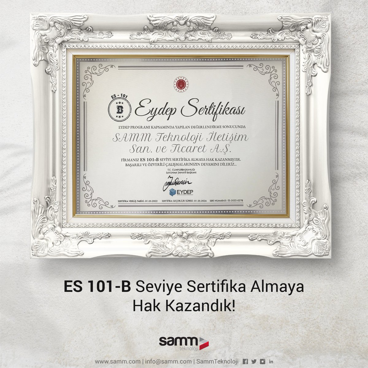 SammTeknoloji's tweet photo. Savunma Sanayii Başkanlığı tarafından yürütülen Endüstriyel Yetkinlik Değerlendirme ve Destekleme Programı (EYDEP) kapsamında yapılan değerlendirme sonucunda, ES-101-B seviyesinde sertifika almaya hak kazandık.

Detaylı bilgi için: https://t.co/NWbwdAOaMZ

#EYDEP #SammTeknoloji https://t.co/X5v7IxcLCQ
