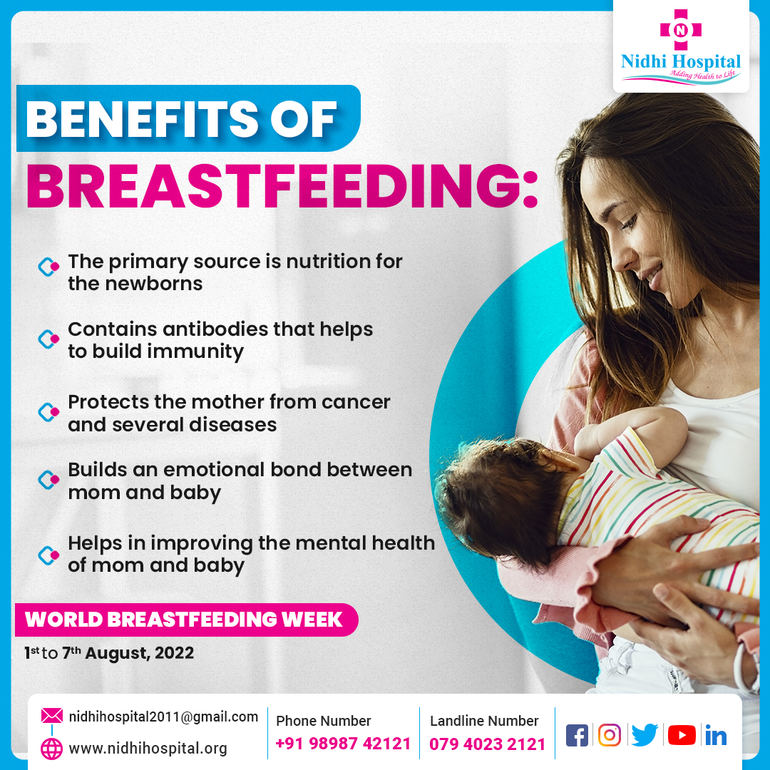 #Breastmilk is the perfect first food for your baby. It provides abundant and easily absorbed nutritional components, immune properties, and live antibodies from the mother. It can reduce the mother’s risk of breast and ovarian cancer, type 2 diabetes, and high BP.
#NidhiHospital