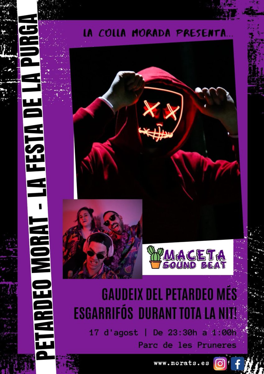 CollaMorada's tweet photo. És un orgull tancar la nit de dimecres de la millor manera possible.
Amb uns djs formats a casa que ho estan petant allà on van: MACETA SOUND BEAT.
Arriba la Festa Petardeo, enguany més fosca que mai. 😏
Vine a gaudir de la Festa de la Purga. 😈
#FmMorada #CollaMorada #Mollet https://t.co/pxDaW1kojf