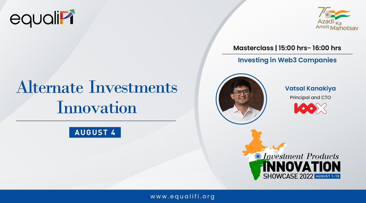 Equalifi's tweet photo. Announcing our masterclass session from the Alternate Investment Segment of our national initiative- "Investment Products Innovation Showcase 2022 (IPI22)"

Event Link- https://t.co/gxitxswf6t

@100X_VC @vazzupk 

#ipi22 #equalifi #investment #innovation  #startupfunding #web3 https://t.co/iaZEgaljQ9