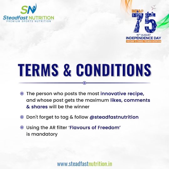 sn_premium's tweet photo. Check this post & know how to participate in the 'FLAVOURS OF FREEDOM' Contest🇮🇳
Rules:
✅Use AR Filter when recording the healthy recipe
✅Use hashtag #FlavoursOfFreedom
✅Check T&Cs
#SteadfastNutrition #PremiumSportsNutrition #Contest #HowToParticipate #IndependenceDay https://t.co/KY3J9CL7ra