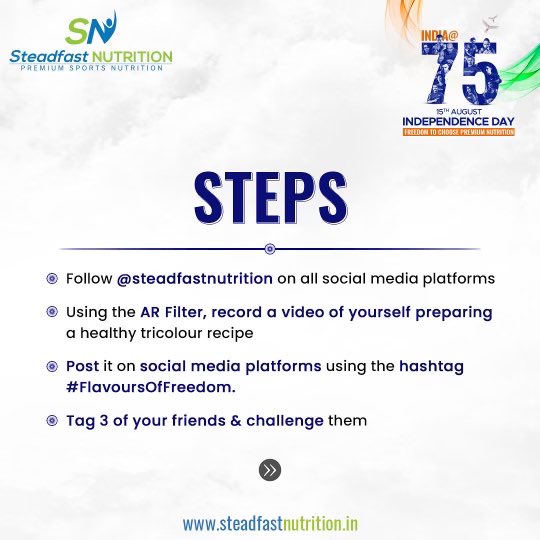 sn_premium's tweet photo. Check this post & know how to participate in the 'FLAVOURS OF FREEDOM' Contest🇮🇳
Rules:
✅Use AR Filter when recording the healthy recipe
✅Use hashtag #FlavoursOfFreedom
✅Check T&Cs
#SteadfastNutrition #PremiumSportsNutrition #Contest #HowToParticipate #IndependenceDay https://t.co/KY3J9CL7ra