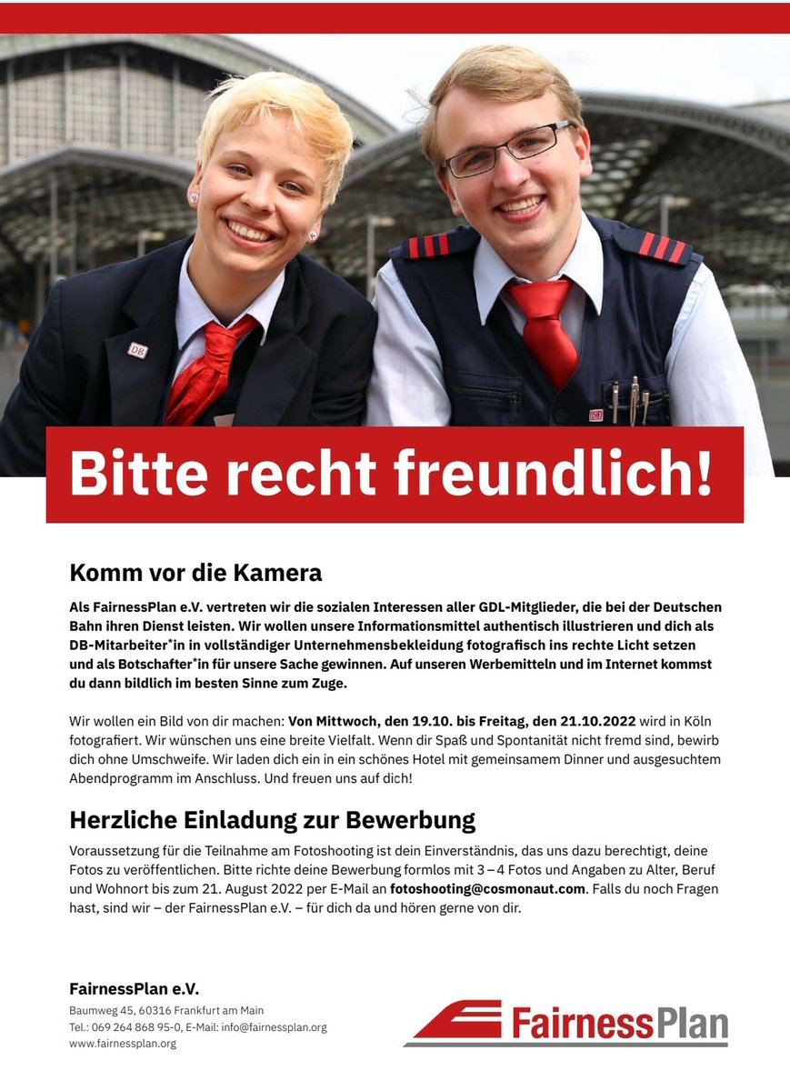 Aufruf zum Fotoshooting beim FainressPlan e.V. und FairnessBahnen e.V. 

Bitte schaut euch doch mal das Angebot an. Gesucht werden Kolleginnen und Kollegen aus den unterschiedlichen Unternehmen. 

Das Shooting findet in Köln statt.