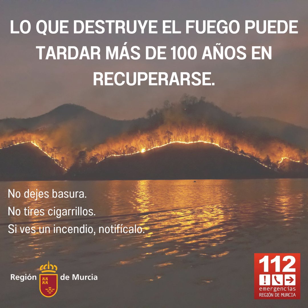 Abstente de realizar aquellas actividades que pudieran originar un incendio.  Cuidemos de nuestro entorno.

Si ves fuego o humo llama inmediatamente al 1-1-2.
#StopIncendios #PlanInfomur
