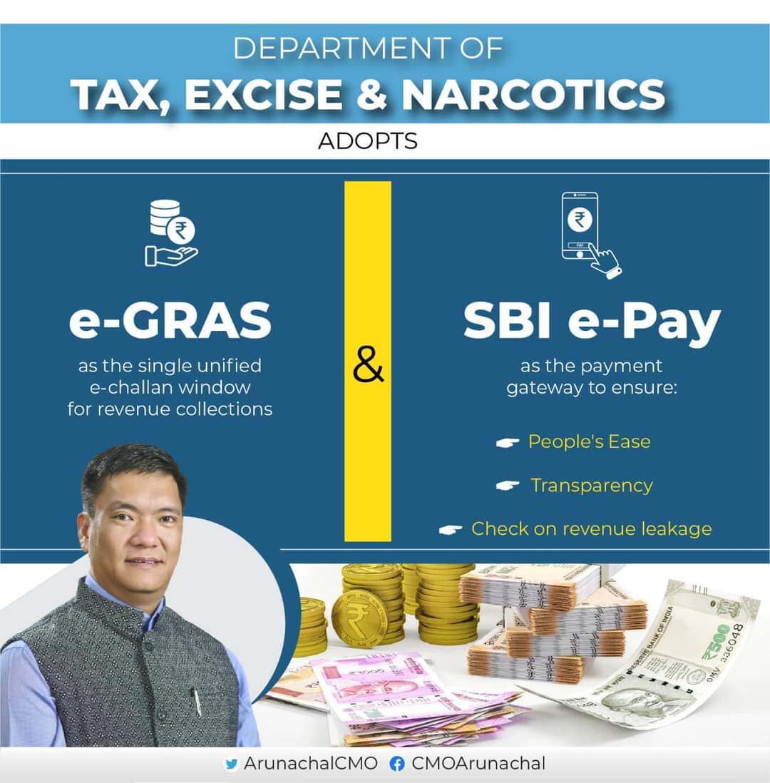 karikhokri's tweet photo. Dept of Tax, Excise &amp; Narcotics adopts e-GRAS as the single unified e-challan window for revenue collections, &amp; SBI e-Pay as the payment gateway to ensure:

👉 People's Ease 

👉 Transparency

👉 Check on revenue leakage

#6YearsOfPemaSarkar https://t.co/ACHAVKzgD4