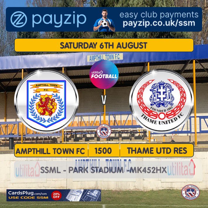 Season starts here for the Amps as we host <a href="/ThameUtdRes/">Thame United Reserves</a> at the Park Stadium on Sat 6th Aug, KO 3pm, gates,Bar&amp;cafe open at 2pm. #COYA💛💙 <a href="/UtilitaFootball/">Utilita Football</a> <a href="/Anco_Ltd/">Anco Dog Treats</a> <a href="/engineandtender/">engine and tender</a> <a href="/pm_financial/">pm-financial</a> <a href="/Little_Amps/">Lil Amps</a> <a href="/AmpthillArmy/">Ampthill Army!</a> <a href="/ampthillinfo/">Ampthill.Info</a>