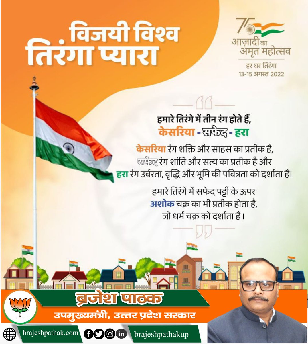 हमारे तिरंगे में तीन रंग होते हैं,केसरिया-सफेद-हरा।केसरिया रंग शक्ति और साहस का प्रतीक है,सफेद रंग शांति और सत्य का प्रतीक है और हरा रंग उर्वरता,वृद्धि और भूमि की पवित्रता को दर्शाता है। हमारे तिरंगे में सफेद पट्टी के ऊपर अशोक चक्र का भी प्रतीक होता है, जो धर्म चक्र को दर्शाता है