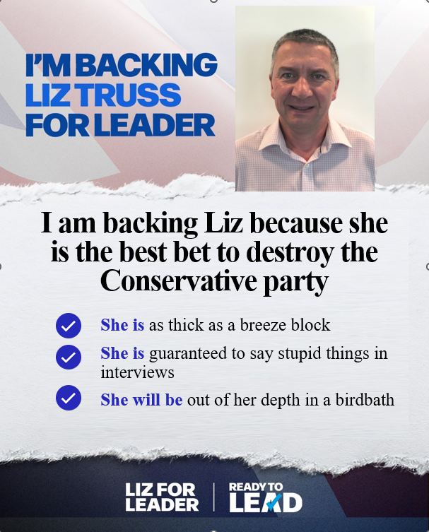 westerhampete's tweet photo. I'm backing Liz. 
#TrustedToDestroy #ReadyToFail
#LizForLeader #GeneralElectionNow https://t.co/tkvv3zGQjn