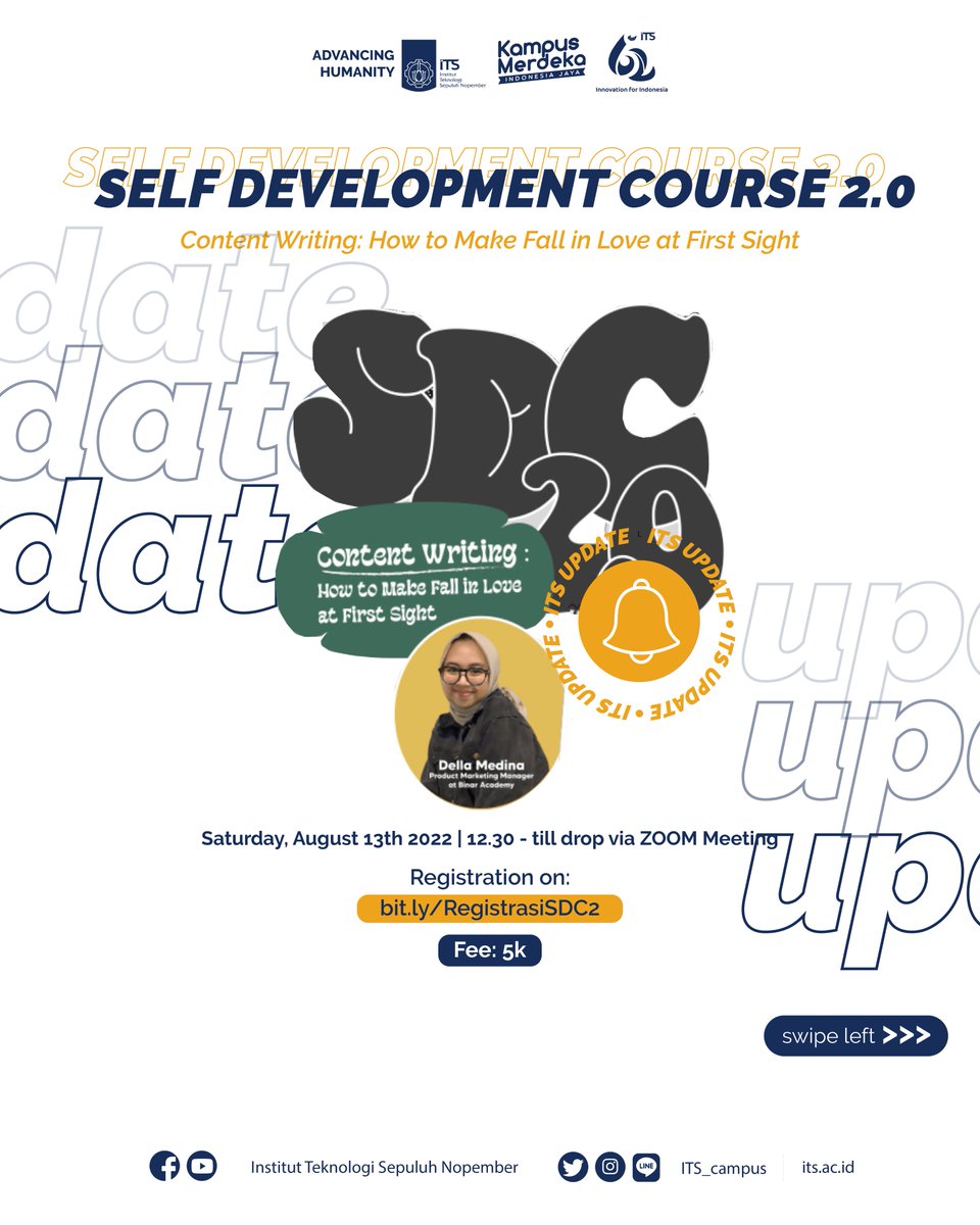 its_campus's tweet photo. #ITSUpdate

Hello, Content Creators! 👋
SDC (Self Development Course) comes again with a fresh new topic “Content Writing: How to Make Fall in Love at First Sight”

Register now at:
https://t.co/C5b253wt3w

#INDOCORITSSC
#CorrosionEngineer
#ITSSurabaya
#ITScampus
#ContentWriting https://t.co/PIIgrdkjSO
