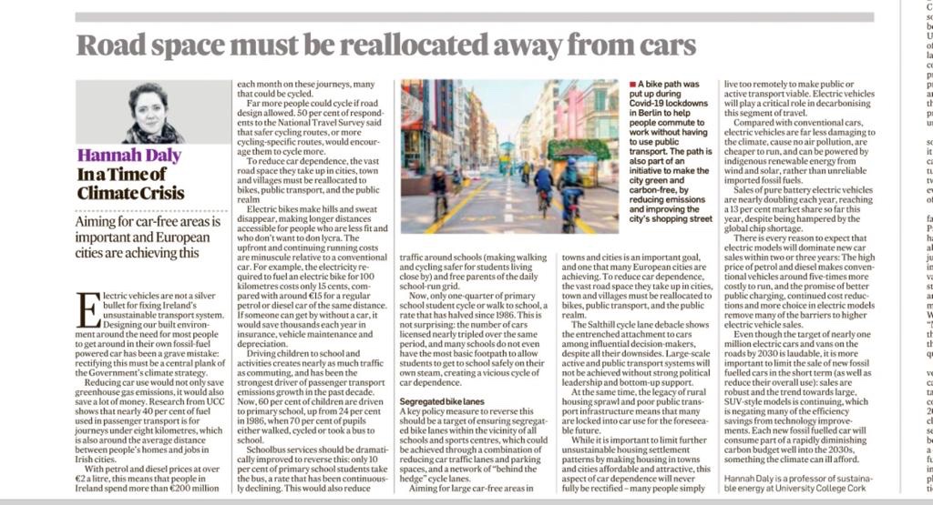 HannahEDaly's tweet photo. Today’s column: EVs are not a silver bullet solution to our unsustainable transport system. Reallocating road space and car parking to public transport, walking and cycling will require both political leadership and bottom-up support. https://t.co/oFYjy6PexP