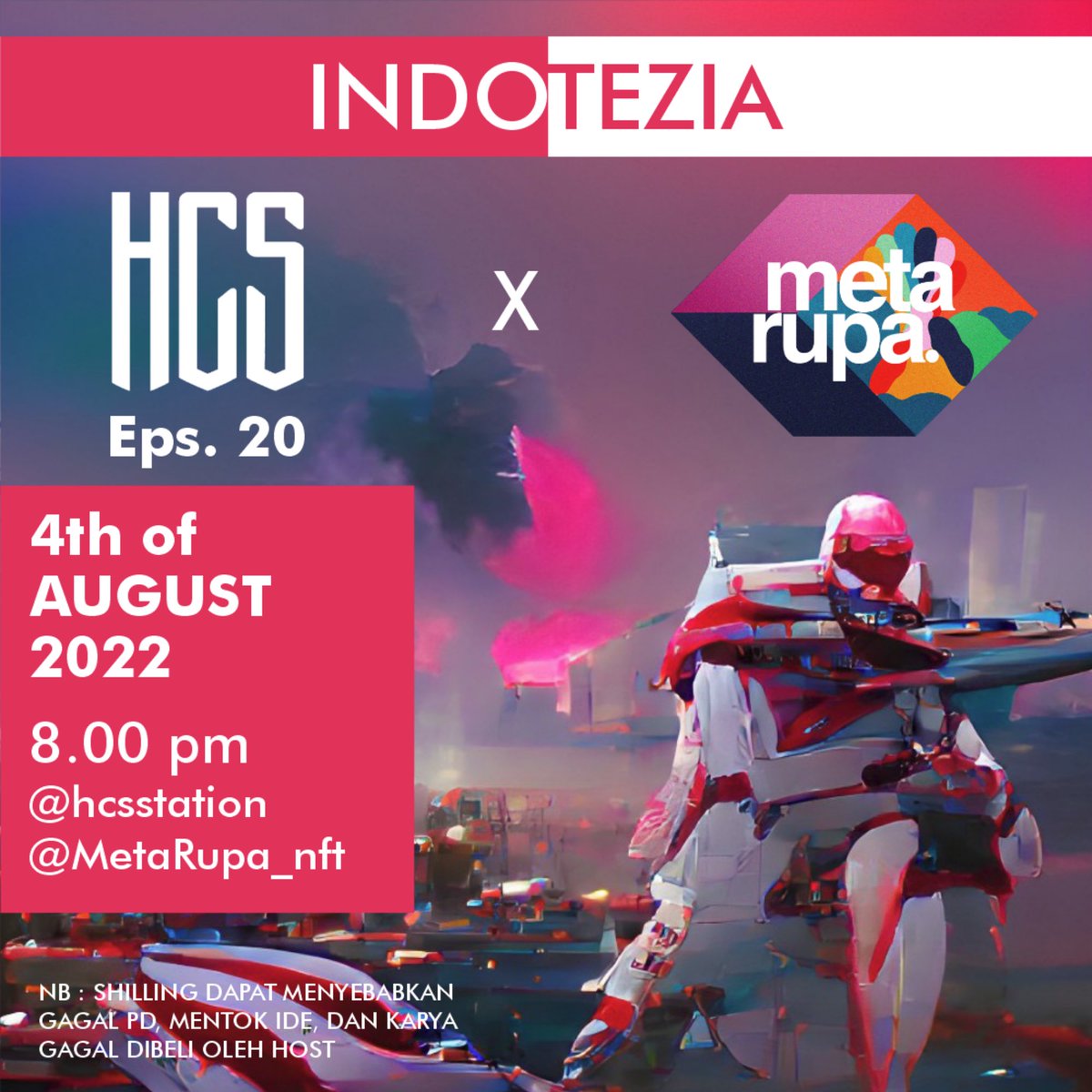hcsstation's tweet photo. HardCore Shilling Eps. 20 for #indotezia with @metarupa_nft and of course the hosts @otzuzet @addienfch @reyhanapratama_, our guest @ruanthchrisley & @GanaraArtStudio #timmerah #timputih or #timhitam with @paldipaldi?
#nftspace #shillingspace #NFTCommunity #tezos https://t.co/QL1ABp0Lom