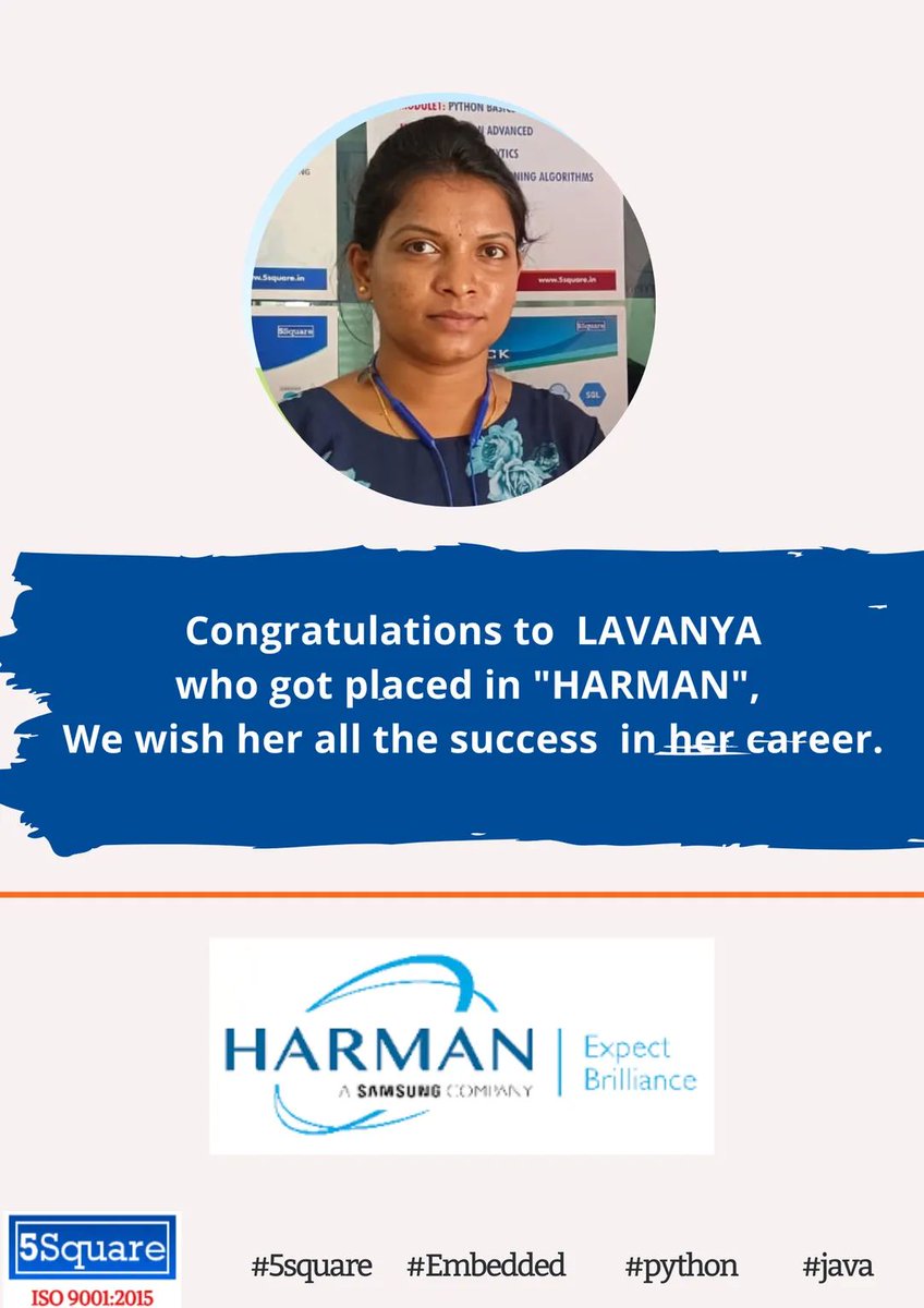 5squareblr's tweet photo. Congratulations to LAVANYA who got placed in "HARMA". We Wish her all the success in her career.
#5square #placement #embedded #python #java https://t.co/N1ThY3TQzv