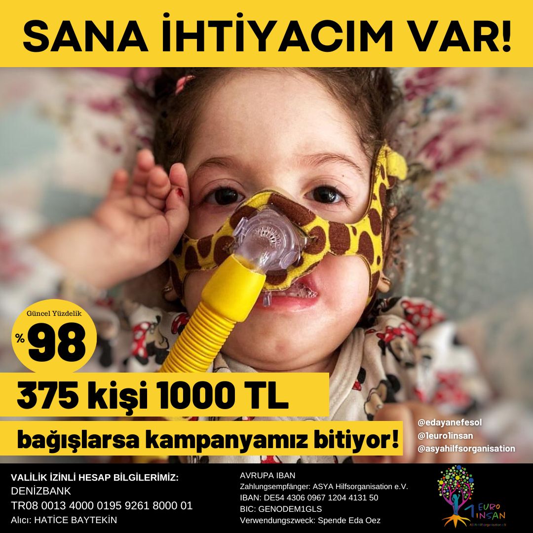 1euro1insann's tweet photo. 375 kişi 1000 TL bağışlar 
ya da bu bağışı çevresinden toplarsa KAMPANYAMIZ BİTİYOR❗️

Hedefimiz daha fazla geç kalmadan % 100 olmak.

Haydi hep birlikte EDA’mızı
sağlığına, çocukluğuna, umutlarına, hayallerine ulaştıralım🌼

#EdayaNefesOl https://t.co/xraqFjuiFR