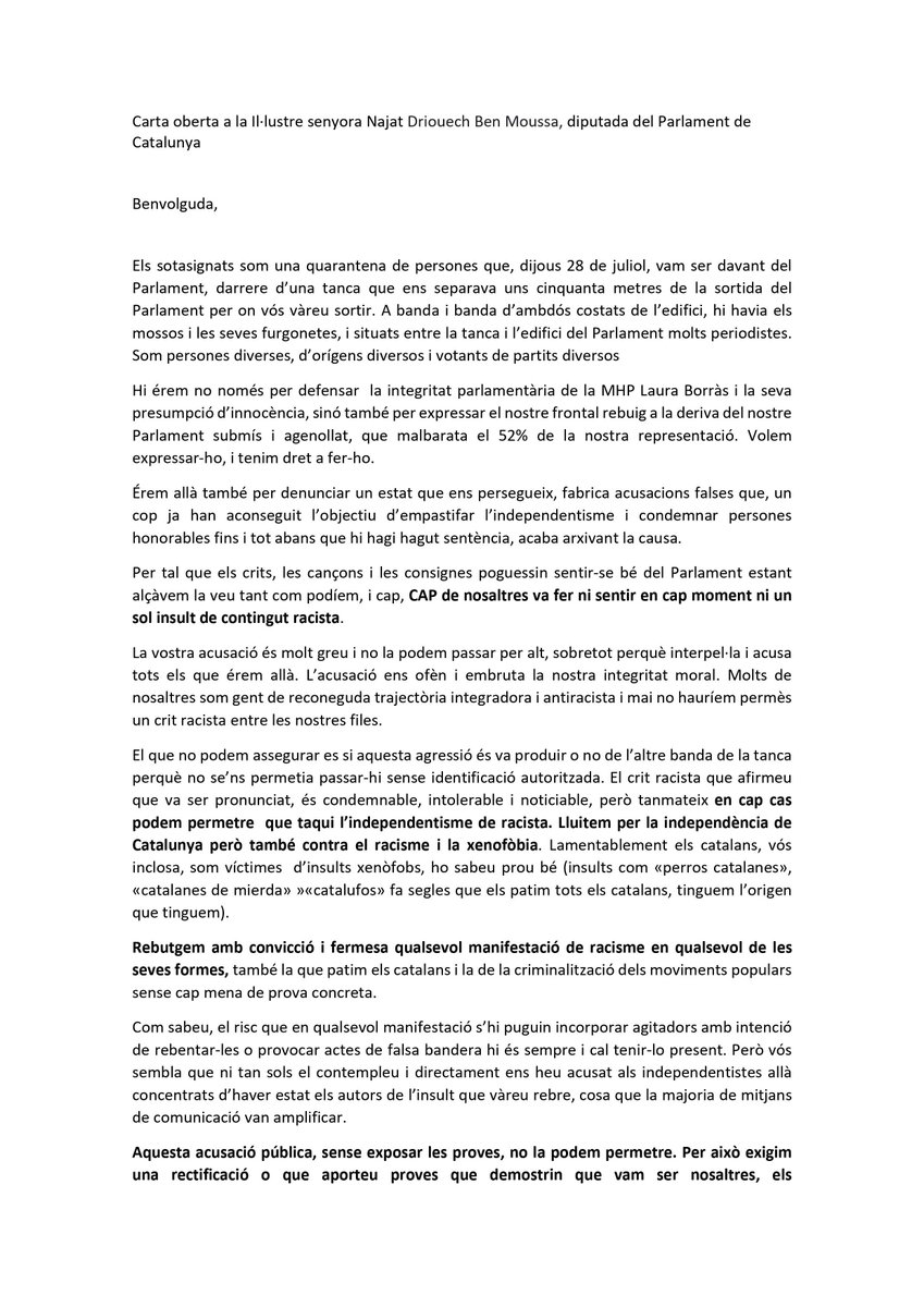 SergiMaranya's tweet photo. Aquí teniu la carta (que ha posat tan nerviosos a alguns) que hem signat una quarantena de persones que vam ser al Parlament el dia que van fer fora Laura Borràs.
👇🏻 Carta oberta a @najat_driouech https://t.co/q3coZhqm5Q