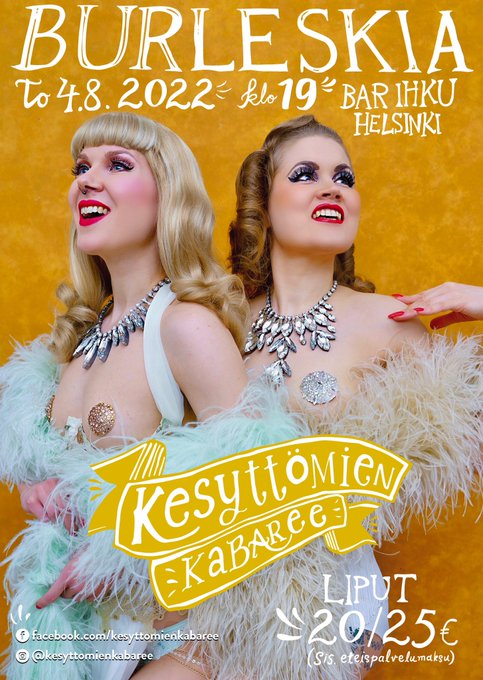 T&auml;n&auml;&auml;n juhlitaan Kabareen 2-v syntt&auml;reit&auml;! 🥳🥳  Kesytt&ouml;mien Kabaree 💋@BarIhku, Helsinki, Antinkatu 1 💋To<a href="/tag/burleski"class="tags"><span>#burleski</span></a>