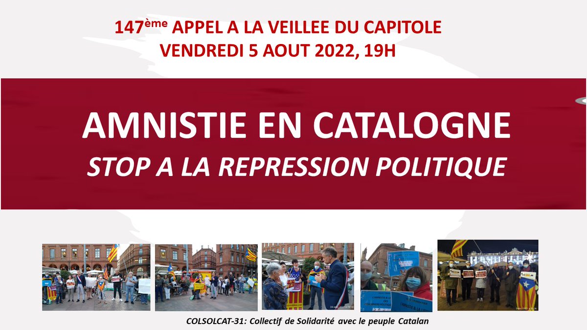 🗓️Demain, vendredi 5 aout
🕰️19h
📍Place Capitole, #Toulouse
📢[147 ème Appel pour l’#Amnistie des prisonniers et des exilés politiques #catalans] 
➕ℹ️ facebook.com/events/6035700…
#Catalogne #DDHH #Europe #UE 

<a href="/Foreign_Cat/">Foreign Friends of Catalonia🎗</a> <a href="/LyonSolidCat/">Lyon SolidarieCat</a> <a href="/CorsicaCatal/">Sulidarità Corsica Catalunya</a> <a href="/Pays_Catalan/">Actions Pays Catalan 💫 @paiscatala.bsky.social</a> <a href="/Mpl_Cat/">Solidarité CATALOGNE Collectif de Montpellier</a> <a href="/cdrparis/">CDR Paris 🎗️</a>