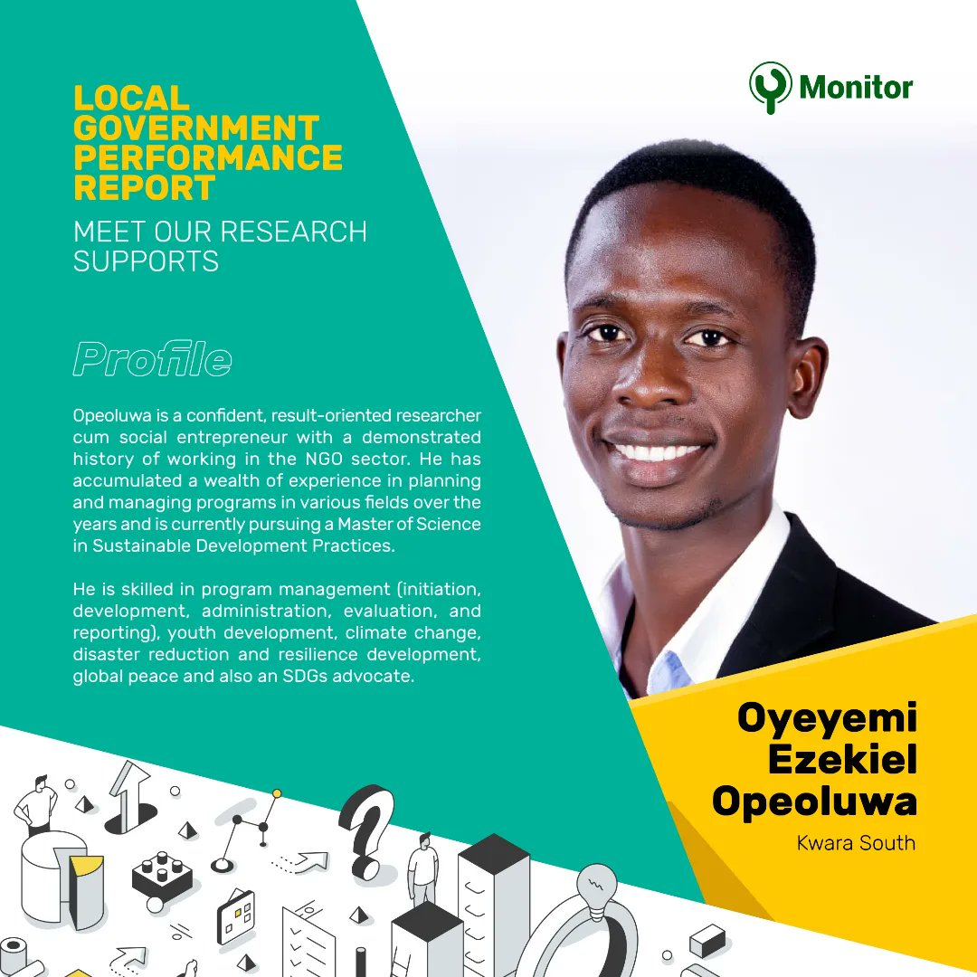 ymonitorng's tweet photo. The Local Government Performance Report is an online and offline poll to collate information from residents of Kwara State, on the performance of their local governments in delivering public goods.
Swipe to see our research supports and their profiles.
#YMonitorLGReport https://t.co/9EkNWWFjhA