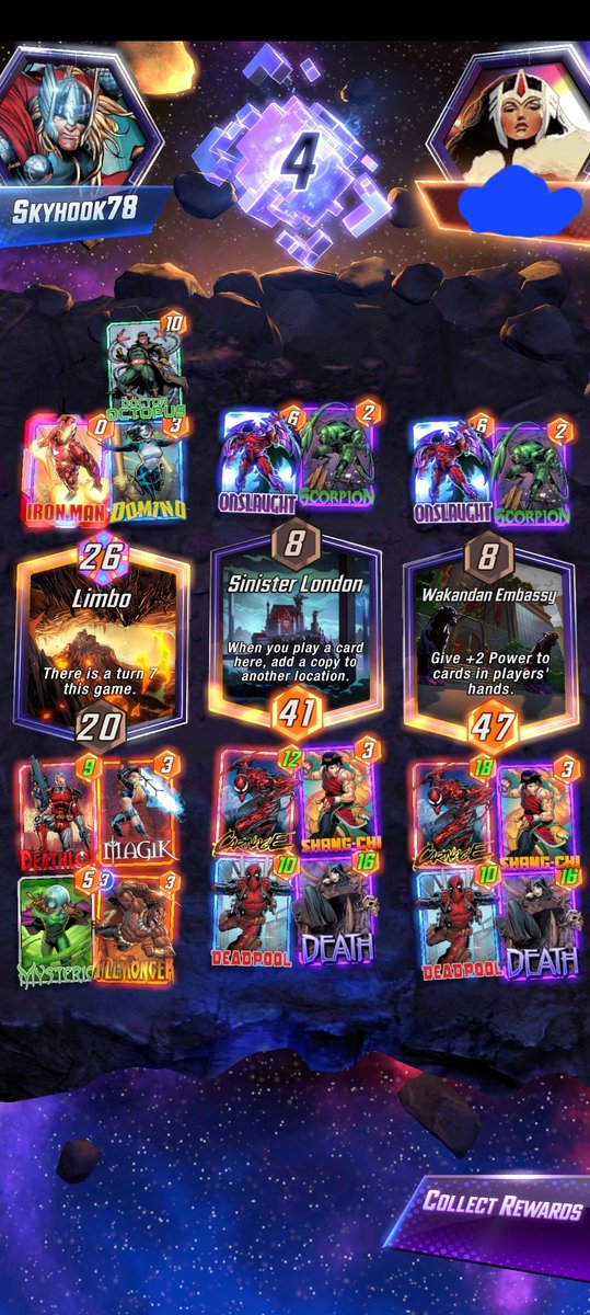 Skyhook78's tweet photo. Been leveling up in infinite  @MarvelSnap ladder. Favourite deck at the moment. Magic is amazing, let's you choose between Death our killmonger/Shang Chi on turn 7. Or you can get lucky locations and use them all 🤣@MarvelSnapNews @UntappedSNAP @SnapDecks https://t.co/T8fLSNohEl