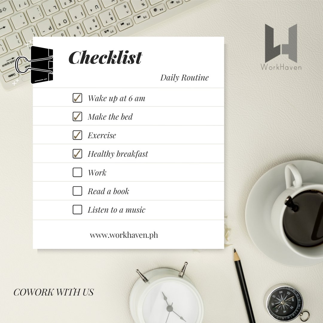workhavenph's tweet photo. Having a daily routine can help you improve your personal and professional life. In this article, you'll learn the benefits and tips for developing your ideal daily routine. Visit https://t.co/bFpnLDCd5u to know more. #workhavenph #routine #tips #coworkingspace #officespace https://t.co/4O0C8lABWy