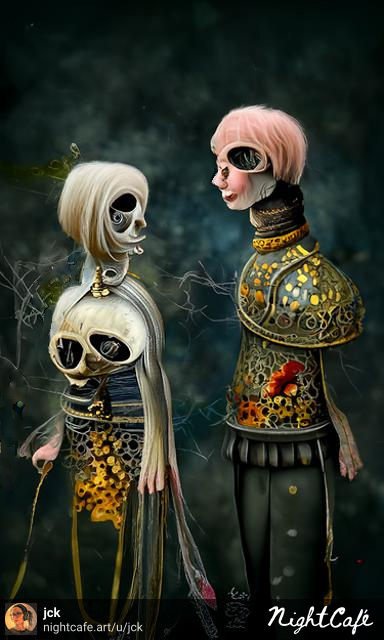 jckcreatouch's tweet photo. "Royal couple from the veiled memories"

@nightcafe
#royalcouple #lowbrowart
#clipguideddiffusion 

I used @NightCafeStudio's nice new feature "Download with Artist Overlay" but it got cut off 🤣

https://t.co/dFfGugli8F https://t.co/9sBDMRPoyL