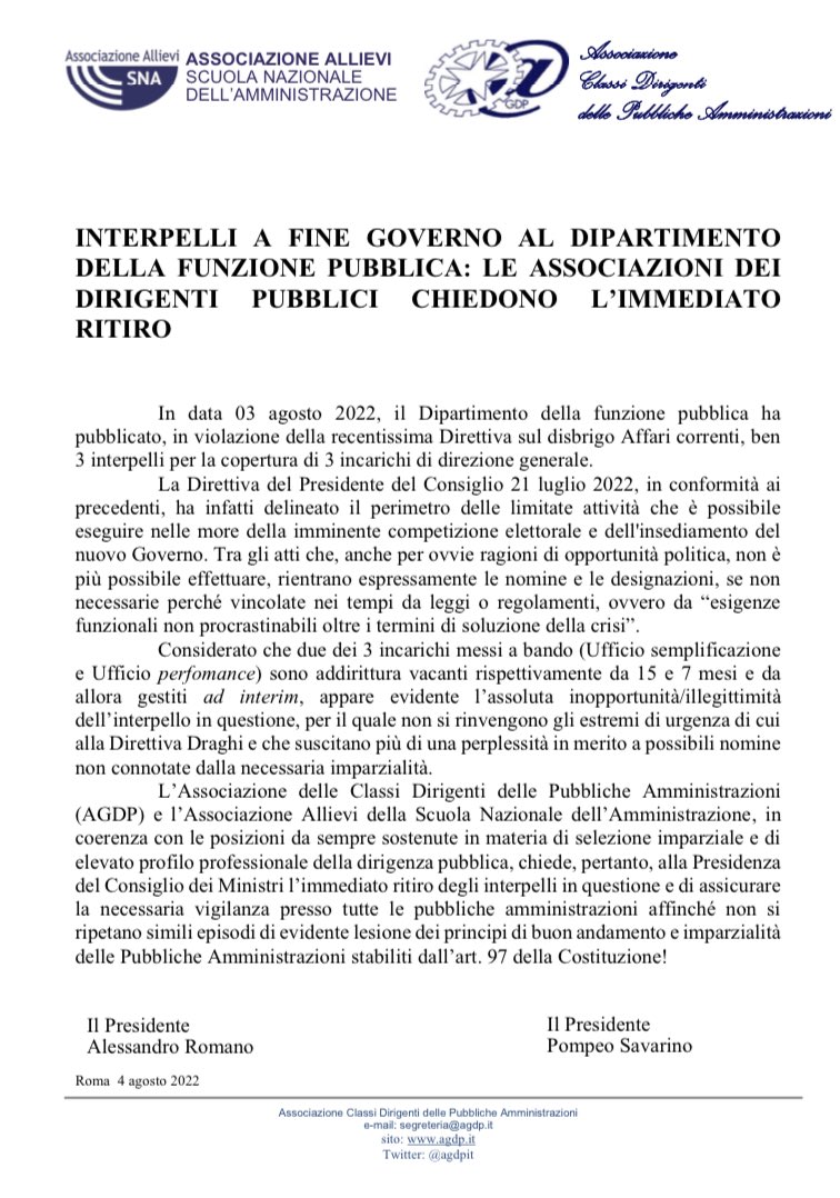 Alessandro Romano (@stenromano) on Twitter photo Interpelli a fine Governo al <a href="/FunzPub/">Dipartimento della funzione pubblica</a> le associazioni dei dirigenti <a href="/AllieviSNA/">Allievi Scuola Nazionale dell’Amministrazione</a> e <a href="/agdpit/">Agdp.it</a> chiedono il ritiro Interpelli a fine Governo al <a href="/FunzPub/">Dipartimento della funzione pubblica</a> le associazioni dei dirigenti <a href="/AllieviSNA/">Allievi Scuola Nazionale dell’Amministrazione</a> e <a href="/agdpit/">Agdp.it</a> chiedono il ritiro