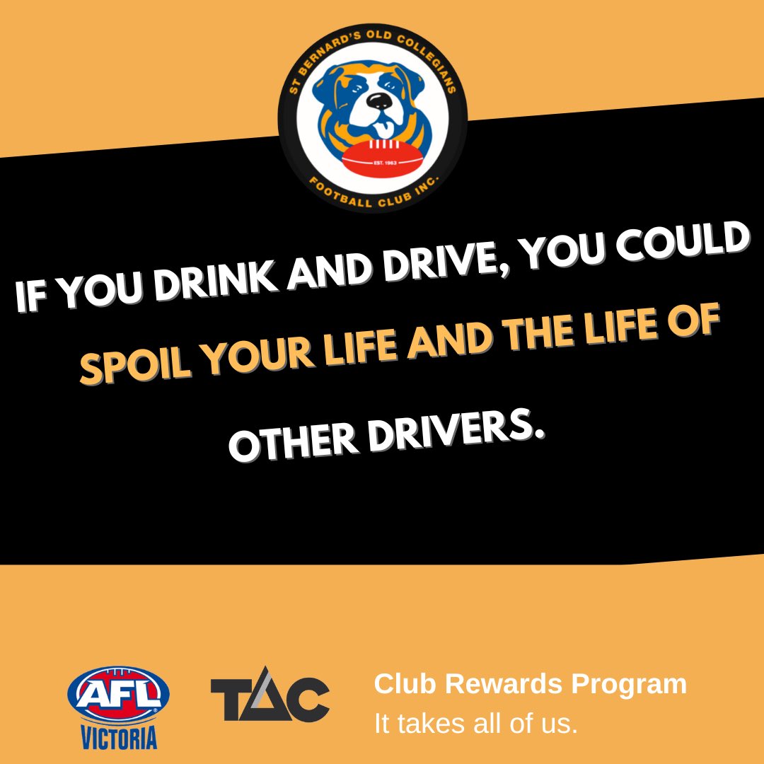 stbernardsfc's tweet photo. “If you drink and drive, you could spoil your life and the life of other drivers” - @TACVictoria @aflvic
#wearestbernards #foreverstrong #upthepit #tac #tacclubrewards #aflvictoria #tacvictoria #tacbandtogether https://t.co/4NDsv4wNqn
