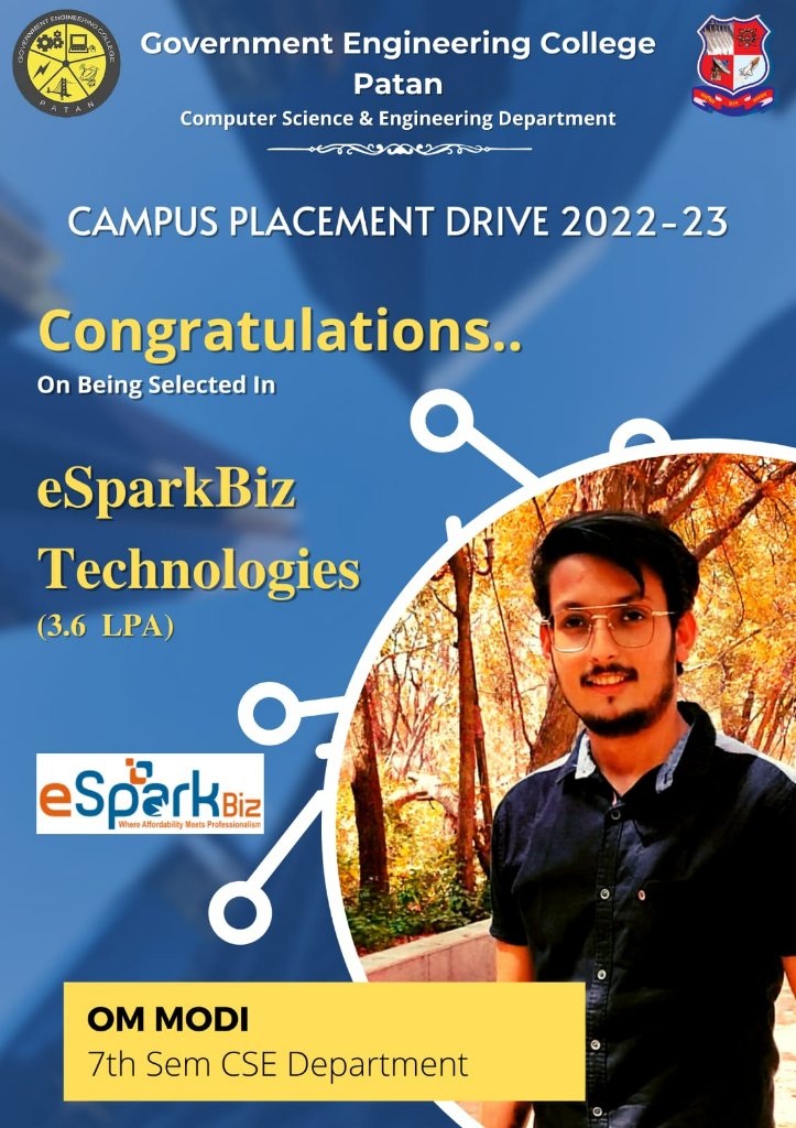gec_patan's tweet image. Campus Placement

Congratulations, to 9 students from the COMPUTER SCIENCE AND ENGINEERING DEPARTMENT, GEC PATAN for getting selected by the company eSparkBiz for a package (3.24 - 3.84) LPA.
#gecpatan
#placements2022
#esparkbiz
#computerscience
