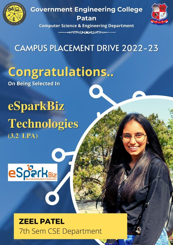 gec_patan's tweet image. Campus Placement

Congratulations, to 9 students from the COMPUTER SCIENCE AND ENGINEERING DEPARTMENT, GEC PATAN for getting selected by the company eSparkBiz for a package (3.24 - 3.84) LPA.
#gecpatan
#placements2022
#esparkbiz
#computerscience